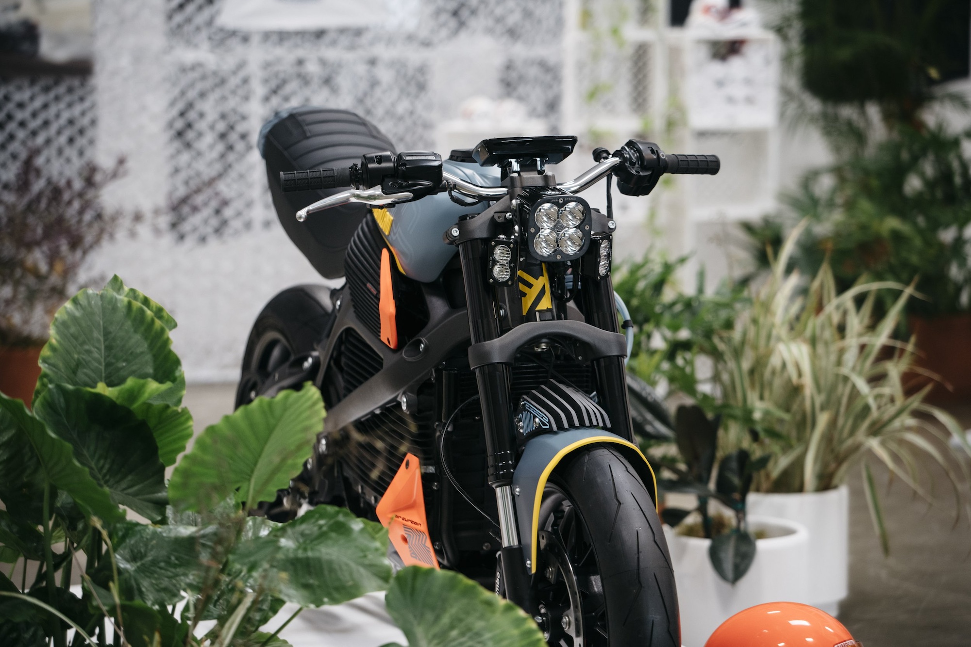 A front quarter view of a customized electric motorcycle.