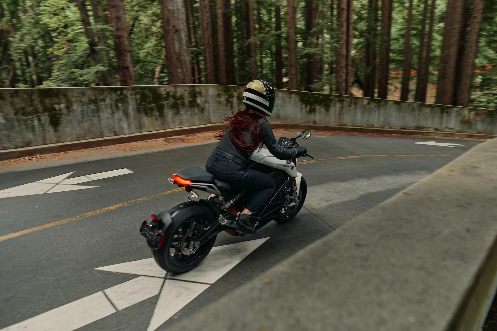 A view of a rider on an electric motorcycle.