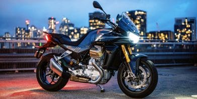 the 2023 Moto Guzzi V100 Mandello S motorcycle at sunset in Sydney