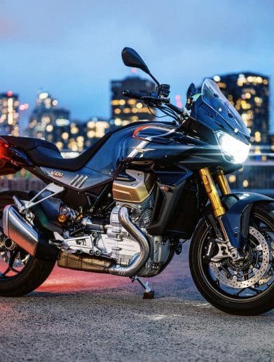 the 2023 Moto Guzzi V100 Mandello S motorcycle at sunset in Sydney