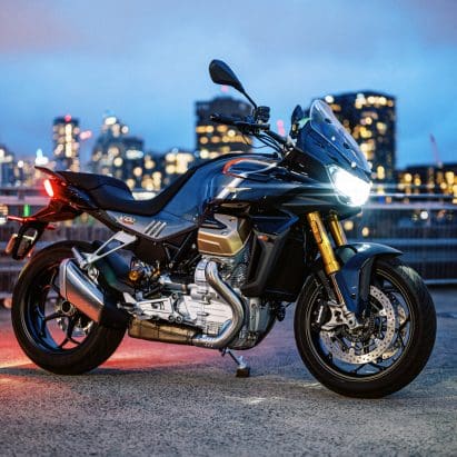 the 2023 Moto Guzzi V100 Mandello S motorcycle at sunset in Sydney