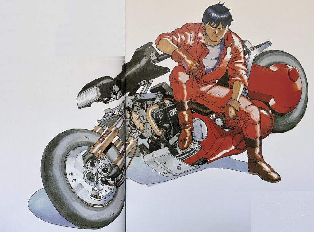 A poster illustration of a boy and a motorcycle.