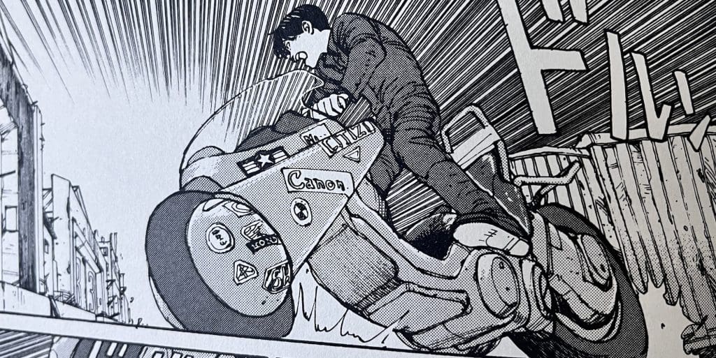 A manga picture of a boy and a motorcycle.
