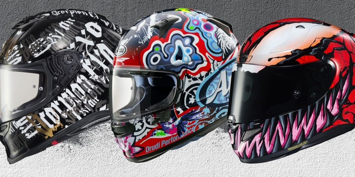 Collage of motorcycle helmets with graphics