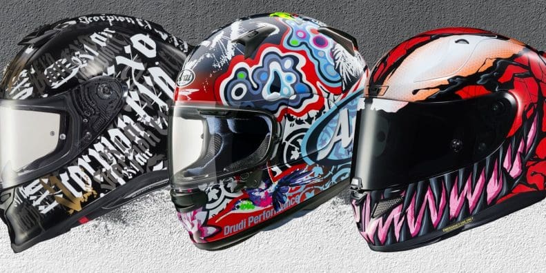 Collage of motorcycle helmets with graphics