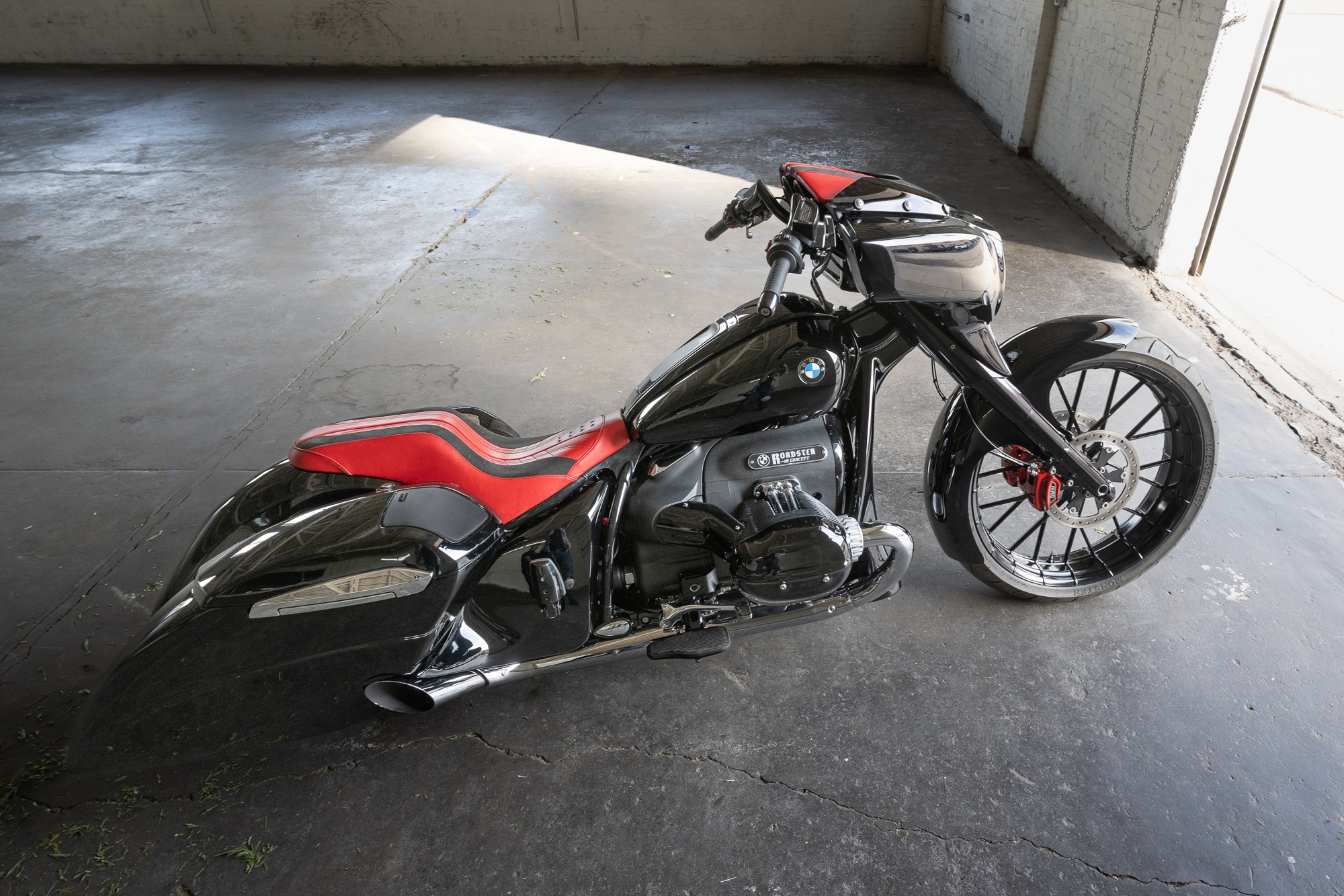 An aerial quarter view of a hot rod motorcycle.