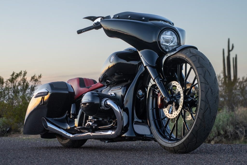 A quarter front view of a hot rod motorcycle.