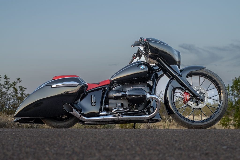 A side view of a hot rod motorcycle.