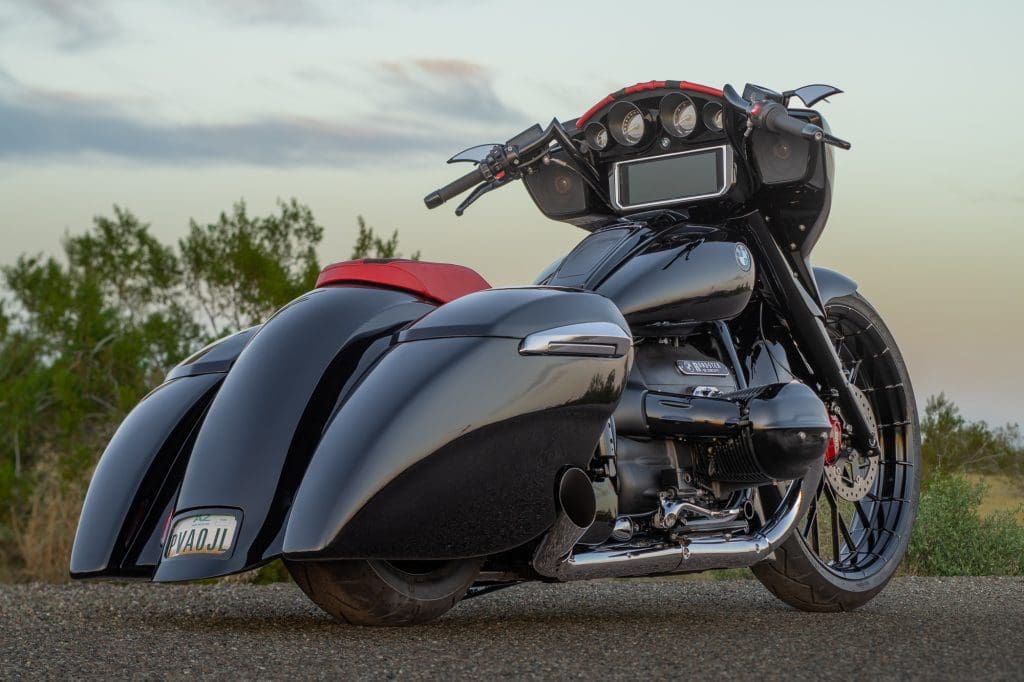 A back quarter view of a hot rod motorcycle.