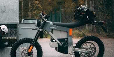 A side view of an electric motorcycle.