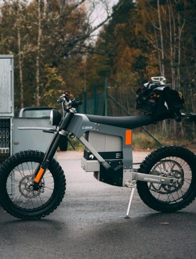 A side view of an electric motorcycle.