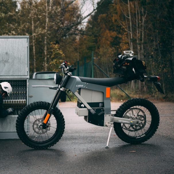 A side view of an electric motorcycle.