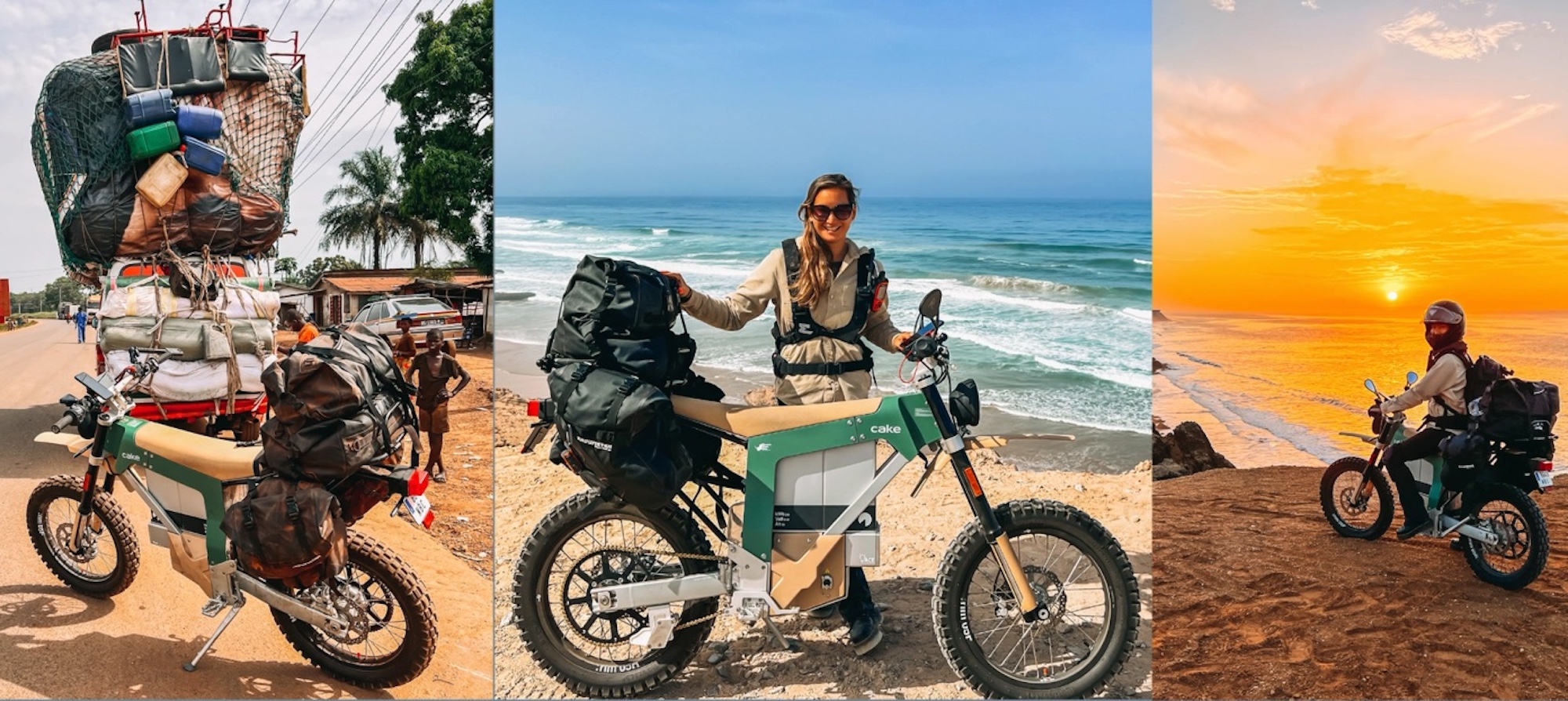 A woman standing next to an electric motorcycle.