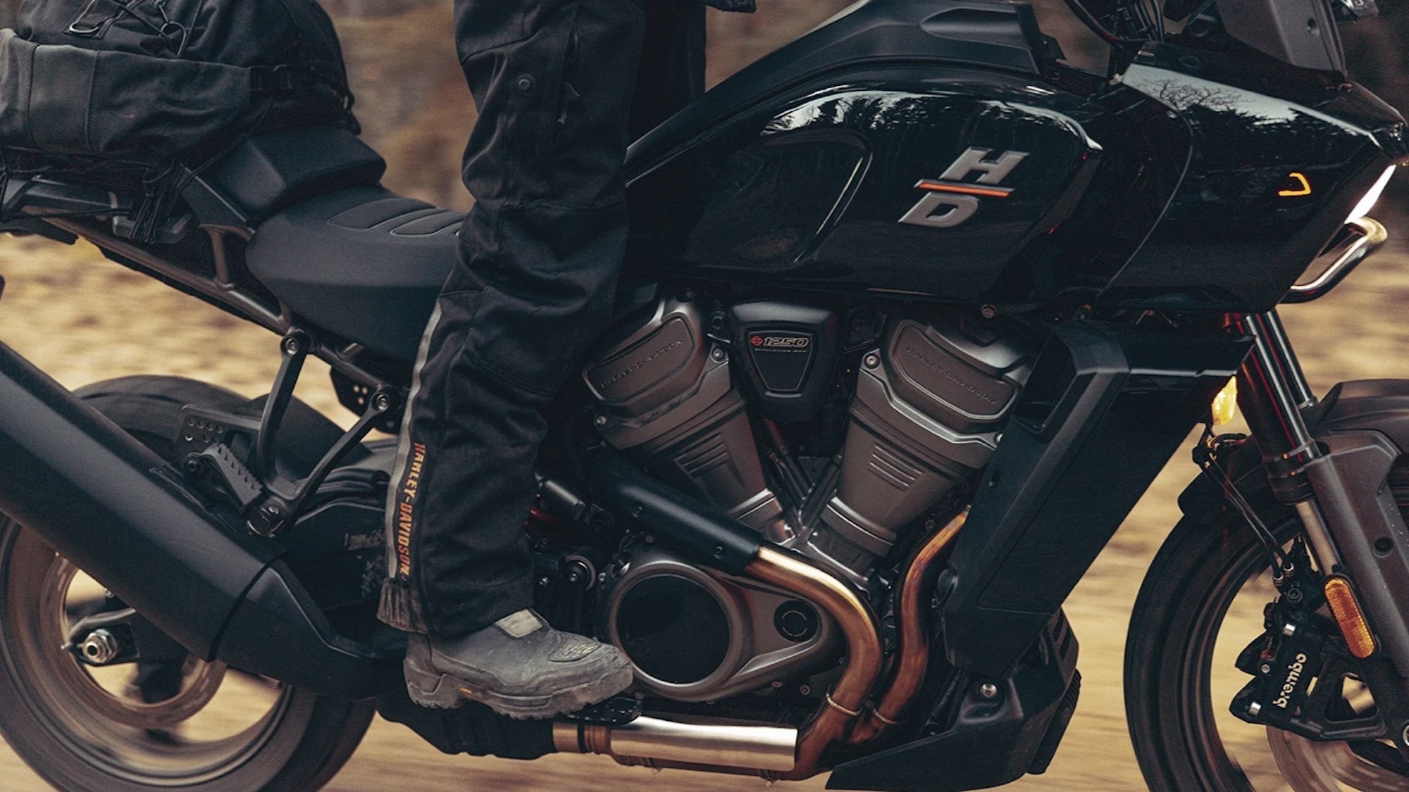 A motorcyclist on a Harley motorcycle.