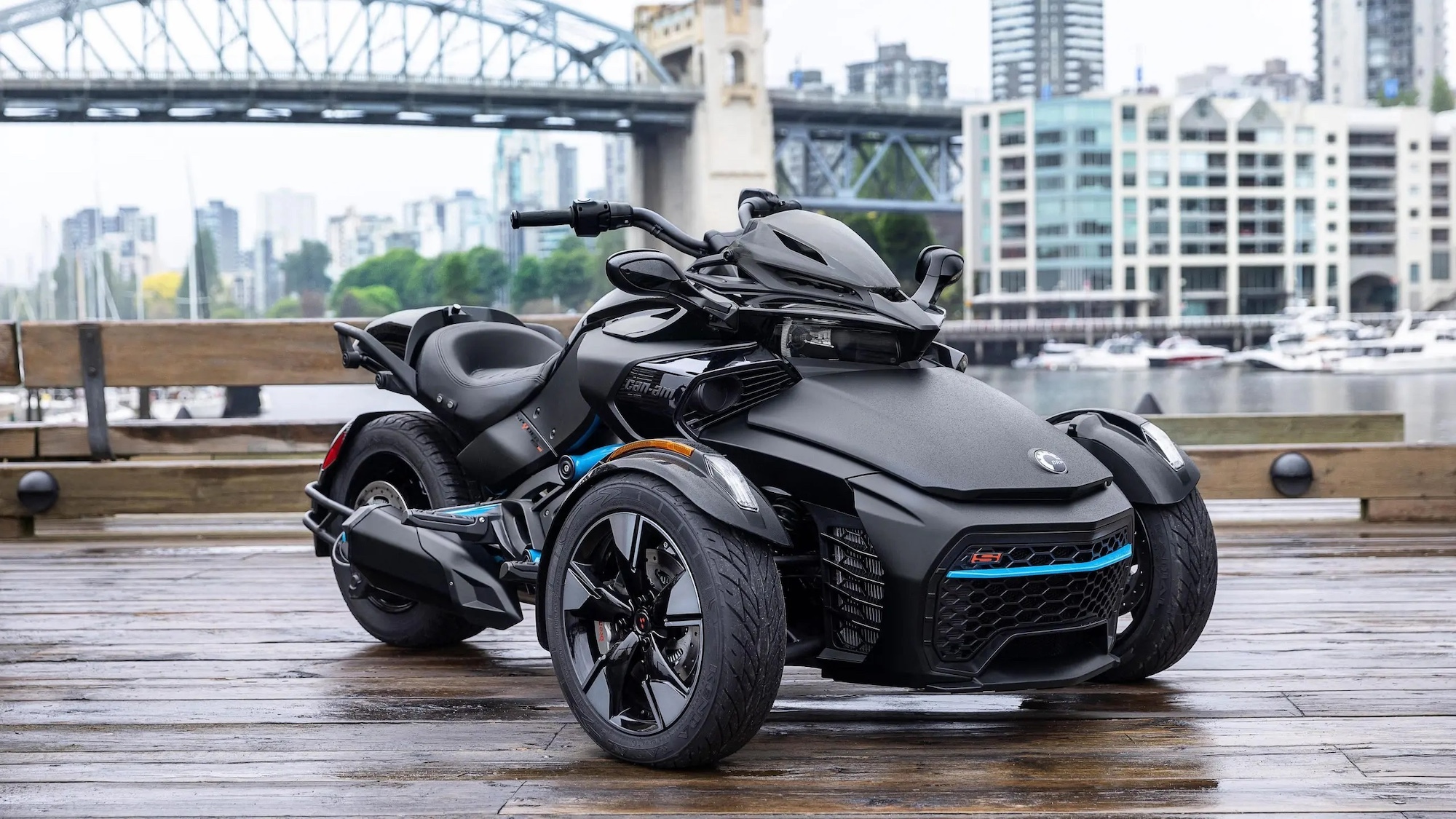 A three-wheeled motorcycle in the city.