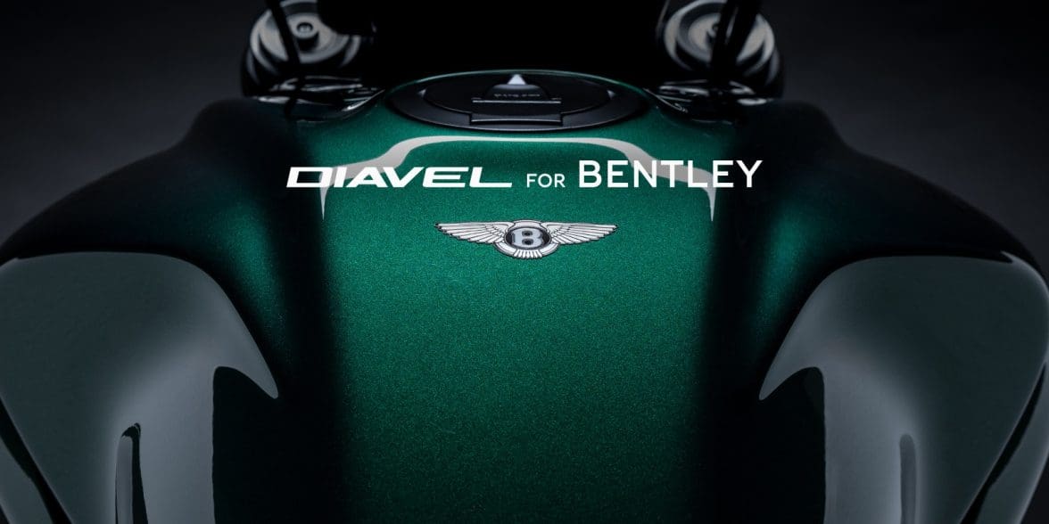 A close-up of a green motorcycle that says "Diavel for Bentley."