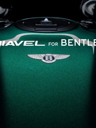 A close-up of a green motorcycle that says "Diavel for Bentley."