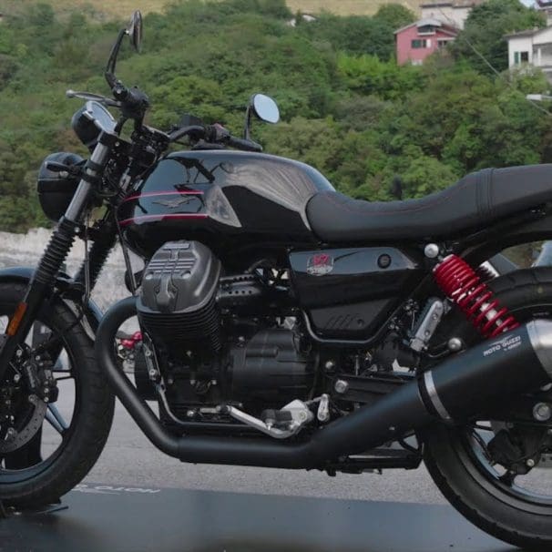 A Moto Guzzi motorcycle on a road.