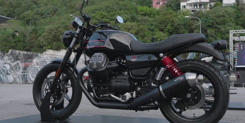 A Moto Guzzi motorcycle on a road.