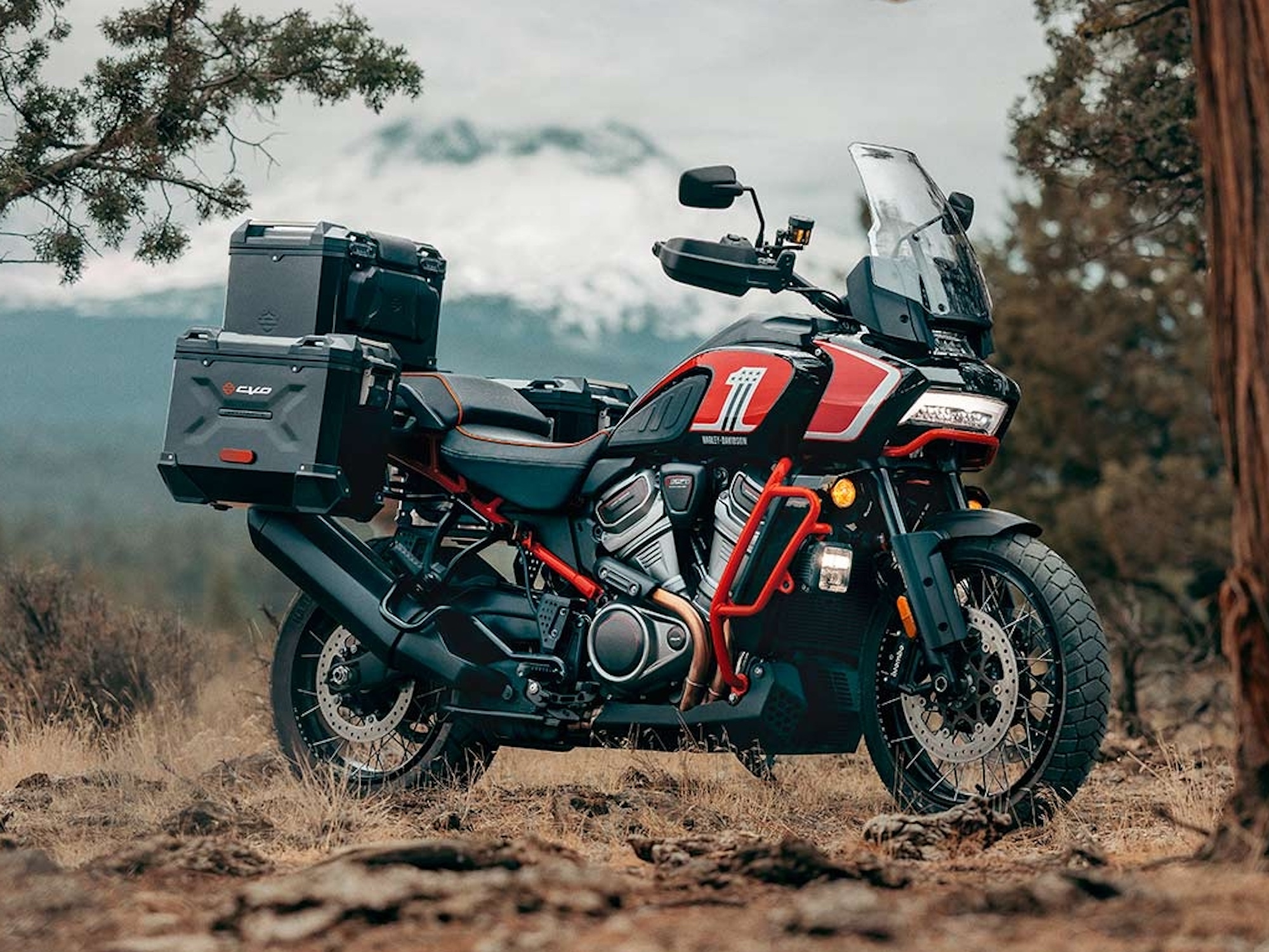 A side view of an adventure motorcycle.