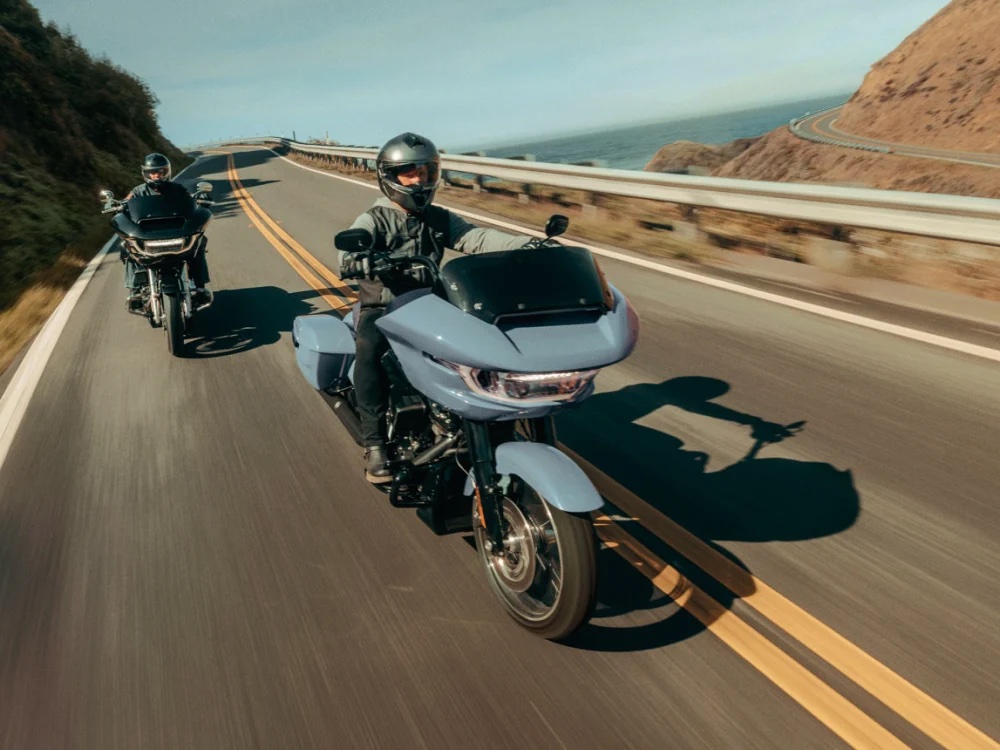 A rider on a touring motorcycle.