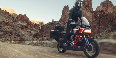 A rider on an adventure motorcycle.