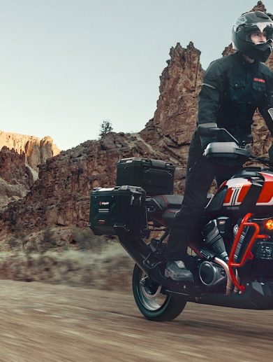 A rider on an adventure motorcycle.
