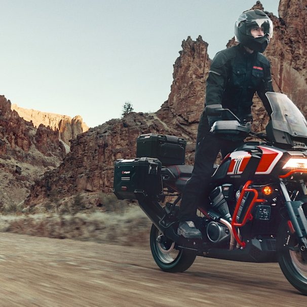 A rider on an adventure motorcycle.