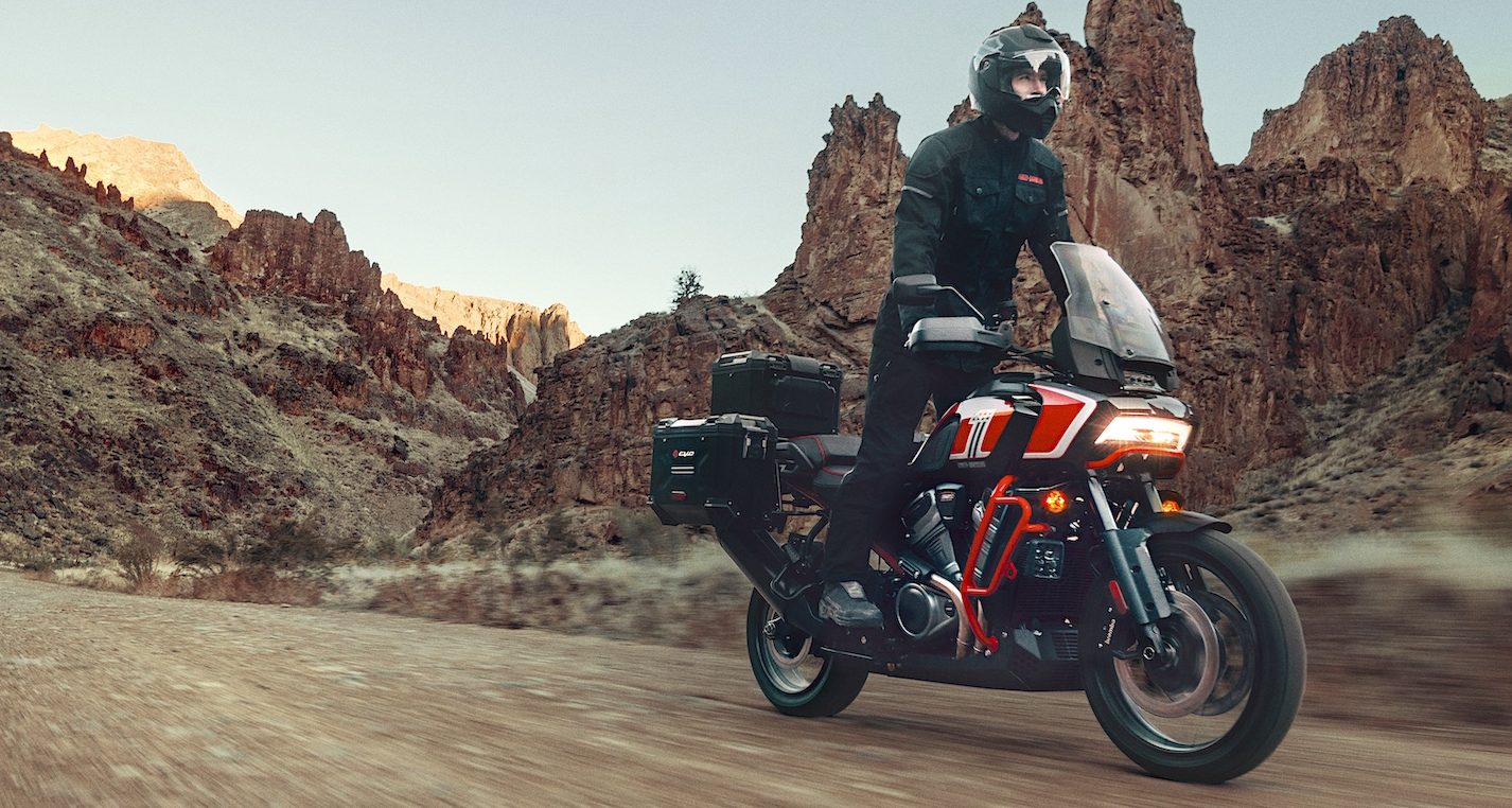 A rider on an adventure motorcycle.