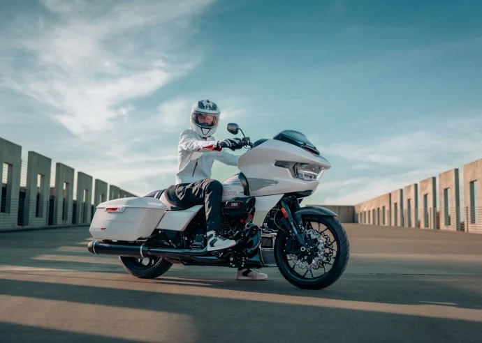 A rider on a touring motorcycle. 