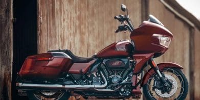 A side view of a Harley bike.