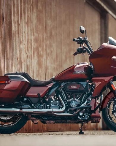 A side view of a Harley bike.