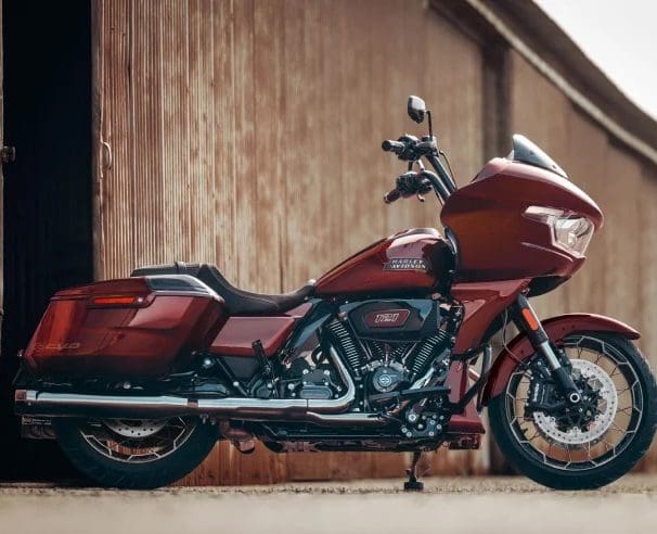 A side view of a Harley bike.