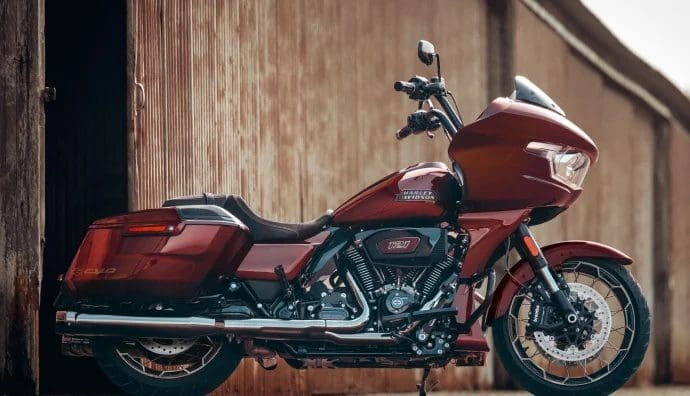 A side view of a Harley bike.