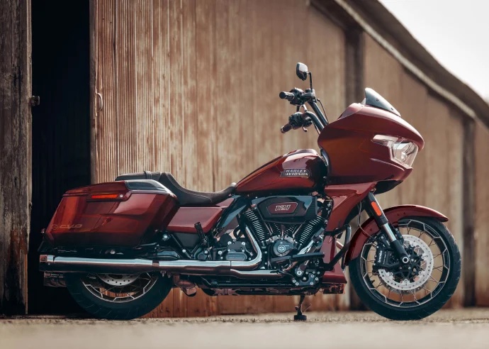 A side view of a Harley bike.