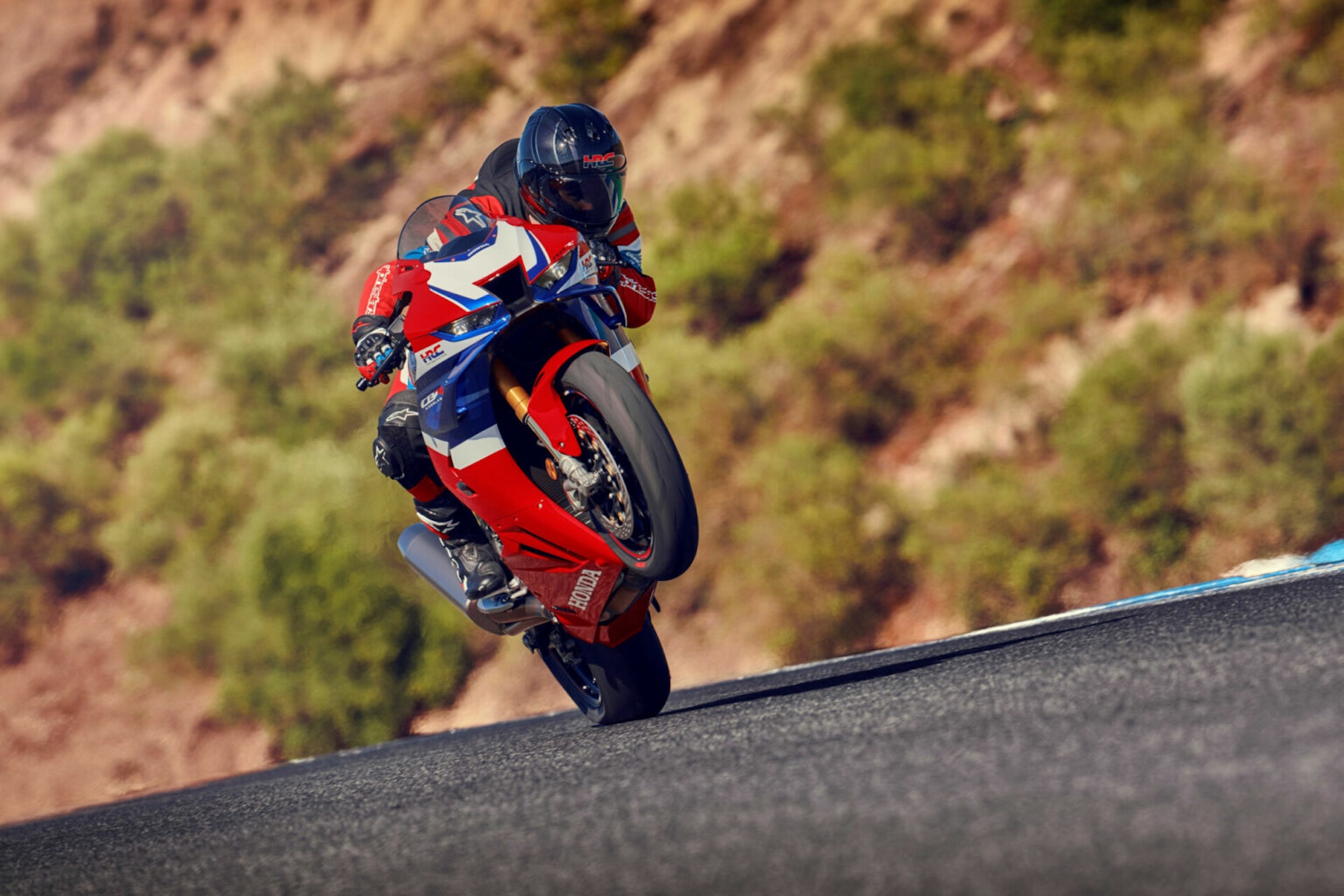 A front quarter view of a Honda superbike.