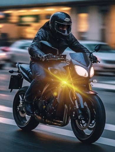 A motorcyclist with their turn signal on.