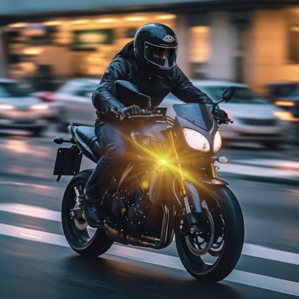 A motorcyclist with their turn signal on.