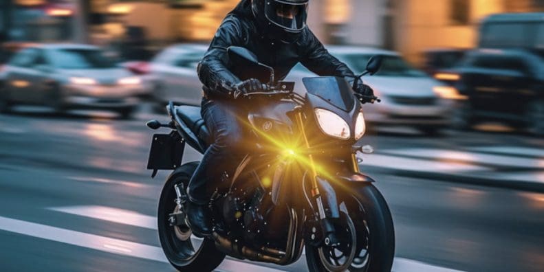 A motorcyclist with their turn signal on.