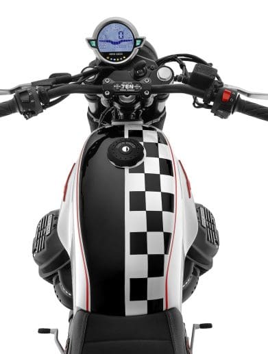 An aerial view of a Moto Guzzi roadster motorcycle.