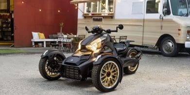 A three-wheeled motorcycle.