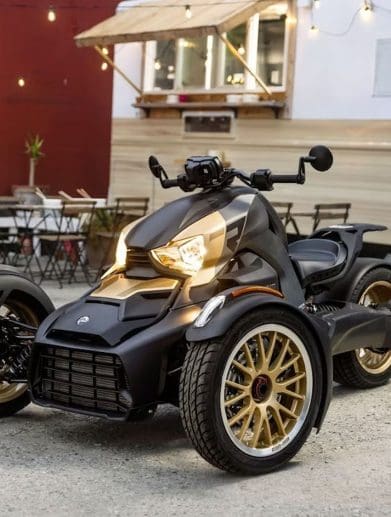 A three-wheeled motorcycle.