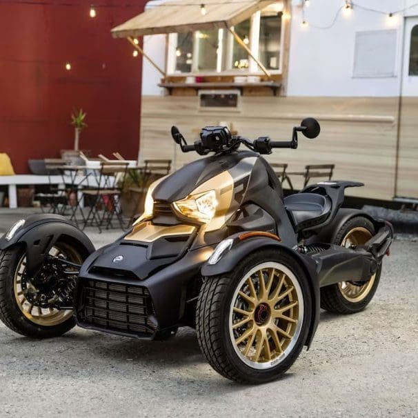 A three-wheeled motorcycle.