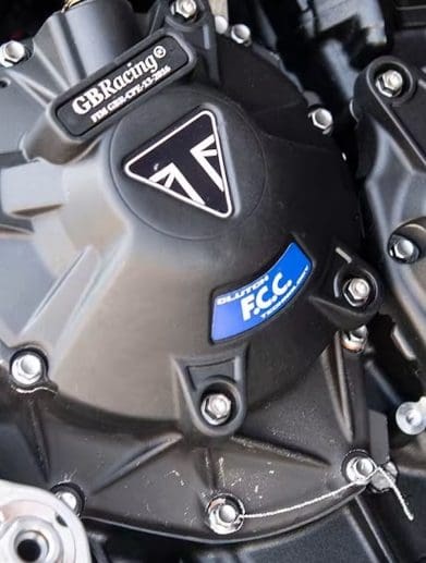 A picture of a Triumph motorcycle engine.