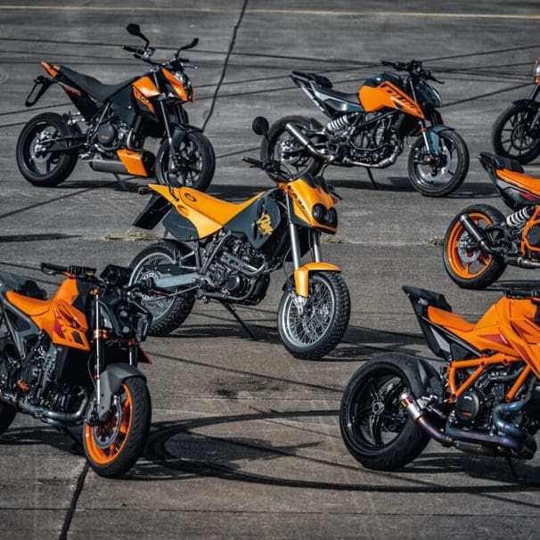 A group of KTM motorcycles.