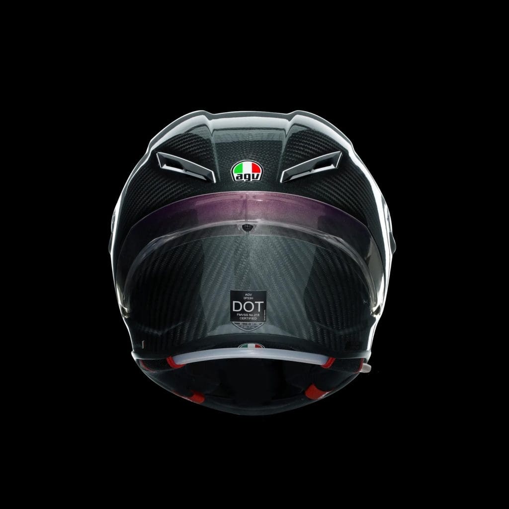 A back view of a motorcycle helmet.