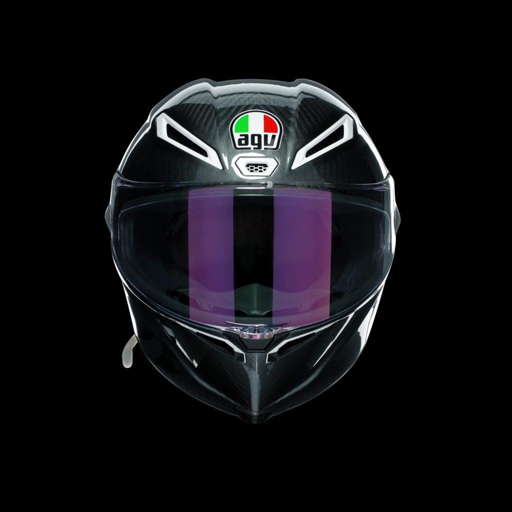 A frontal view of a motorcycle helmet.