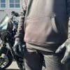 Close up view of the length of the Defender Motorcycle Hoodie
