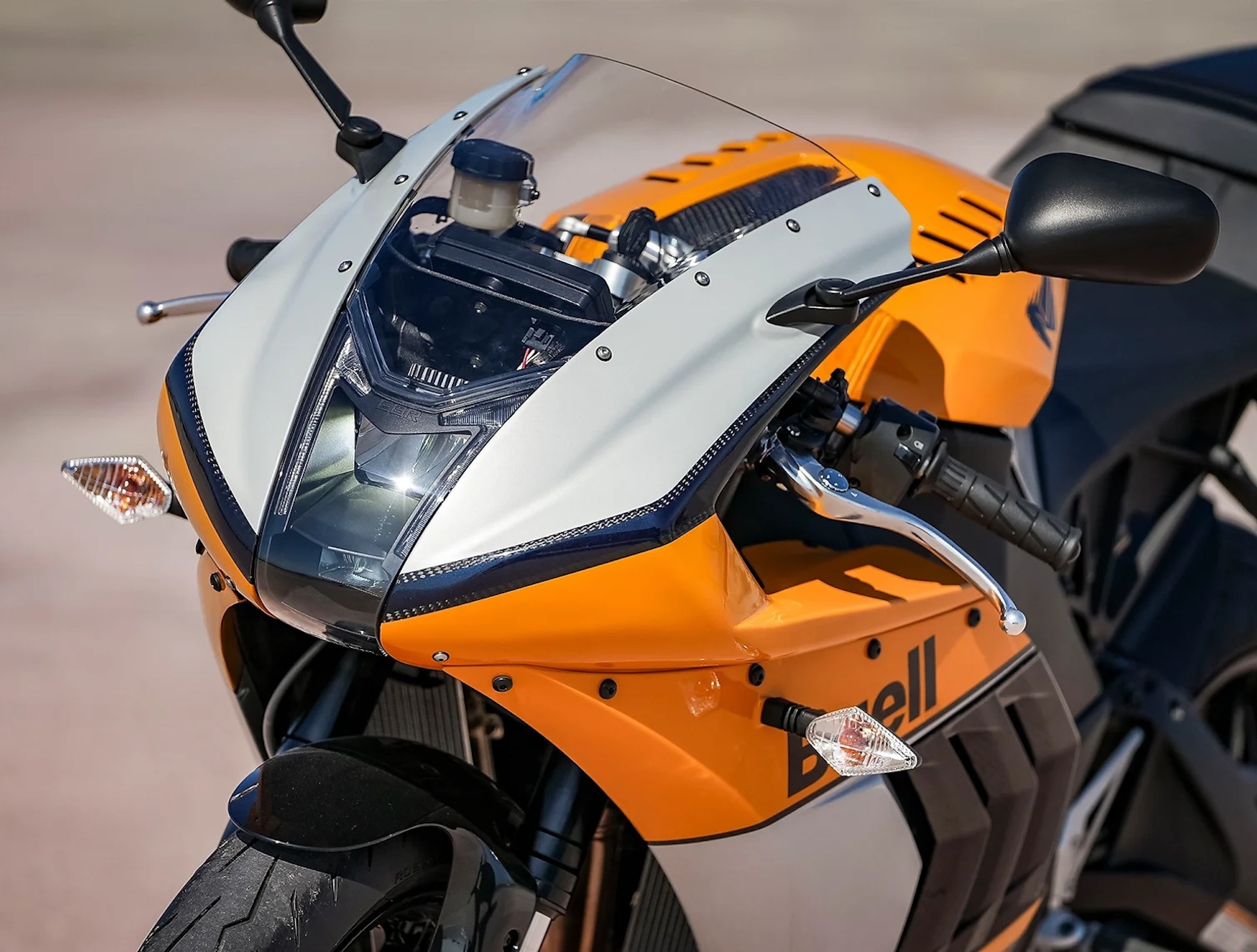 A close-up of a superbike.