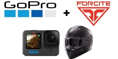 A picture of a GoPro and a motorcycle helmet.